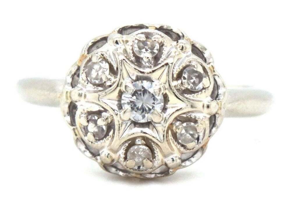 Vintage 14K White Gold Diamond Dome Ring 7-Diamond Starburst Cluster Size 7.25